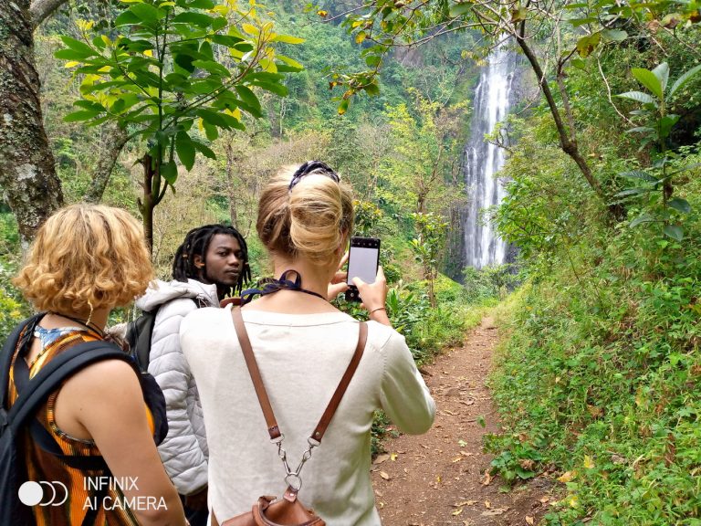 Three tourists on a dirt forest trail photograph a distant waterfall amid lush greenery.