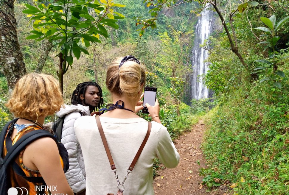 Three tourists on a dirt forest trail photograph a distant waterfall amid lush greenery.