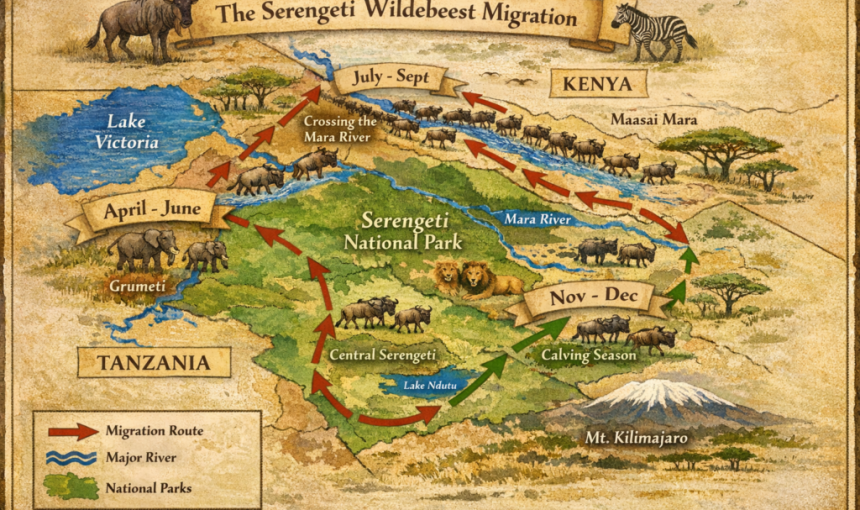 #image_title Serengeti Wildebeest Migration Map by Climb Kilimanjaro and Tanzania Safaris