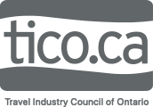 Travel Industry Council of Ontario logo with 'tico.ca' and gray wave motif.