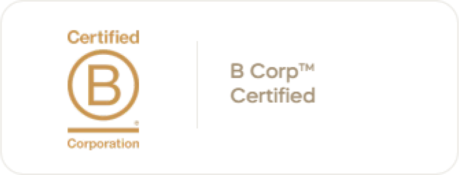 Black badge featuring a gold circular B logo with 'Certified' above and 'Corporation' below on the left, and 'B Corp Certified' on the right.